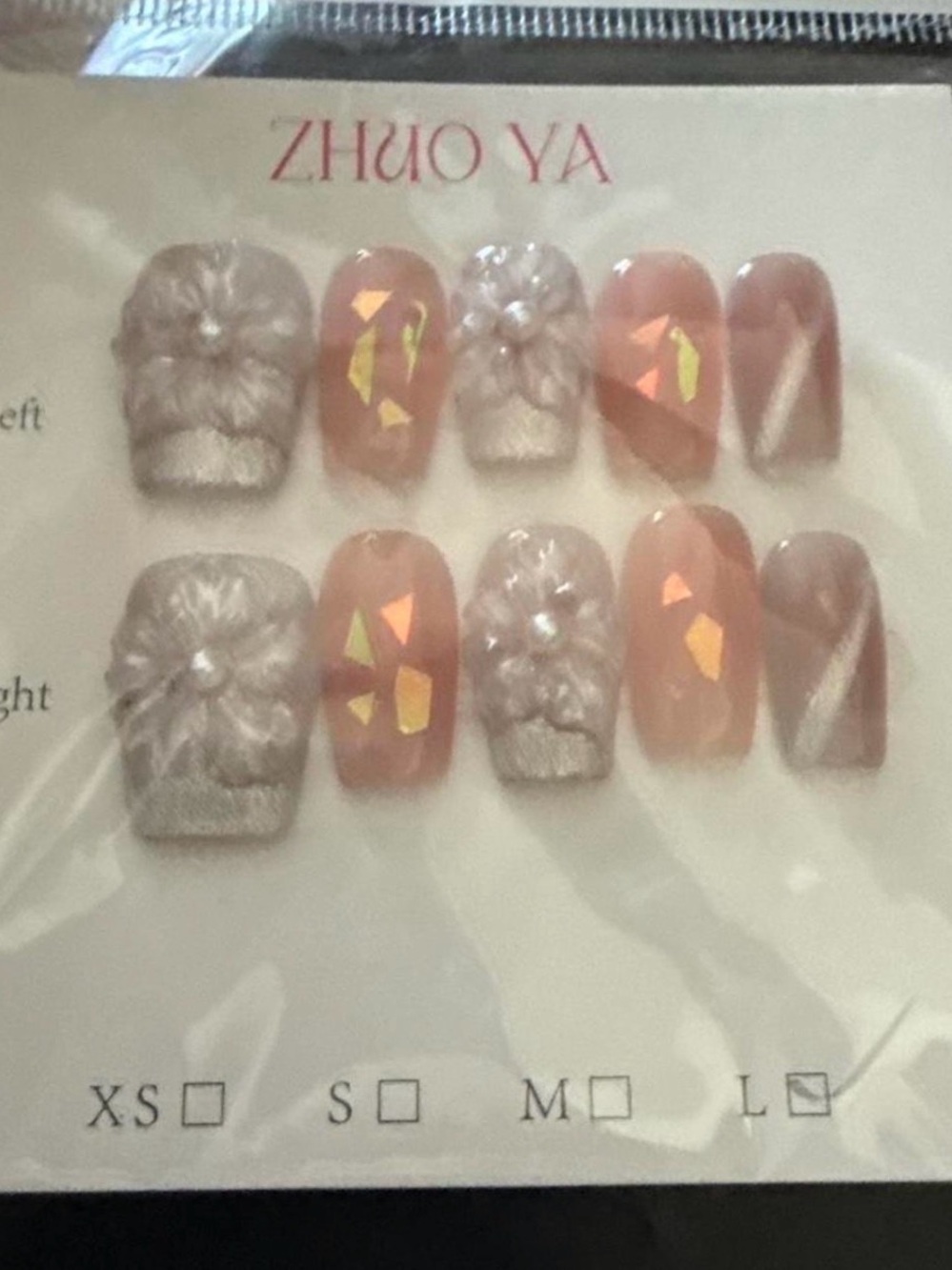Floral Iridescent Almond False Nails - Pink and Silver